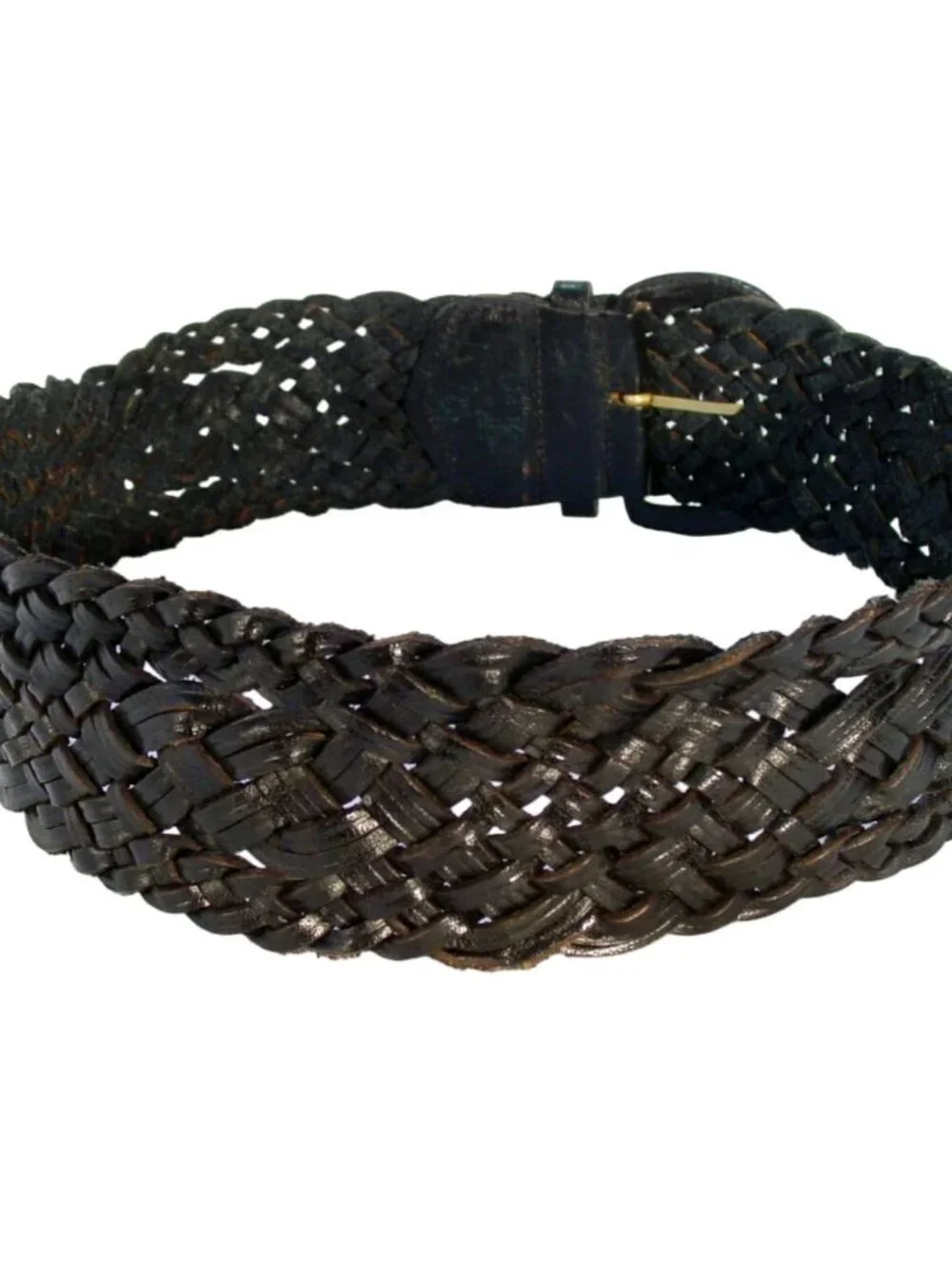 HANDWOVEN Wide Black Leather Braided Belt Women's M - Made in INDIA - Picture 2 of 3